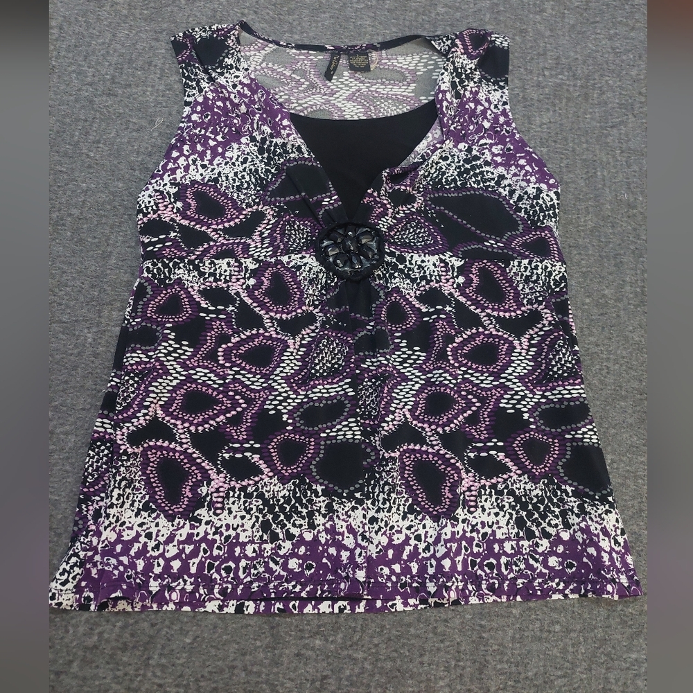 EUC Nue Options purple/black/white snake print sleeveless blouse Large